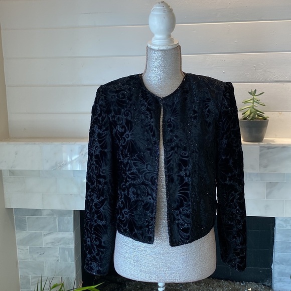 Papell Boutique Vintage Beaded Black Velvet Jacket Size Small EUC - Picture 1 of 10